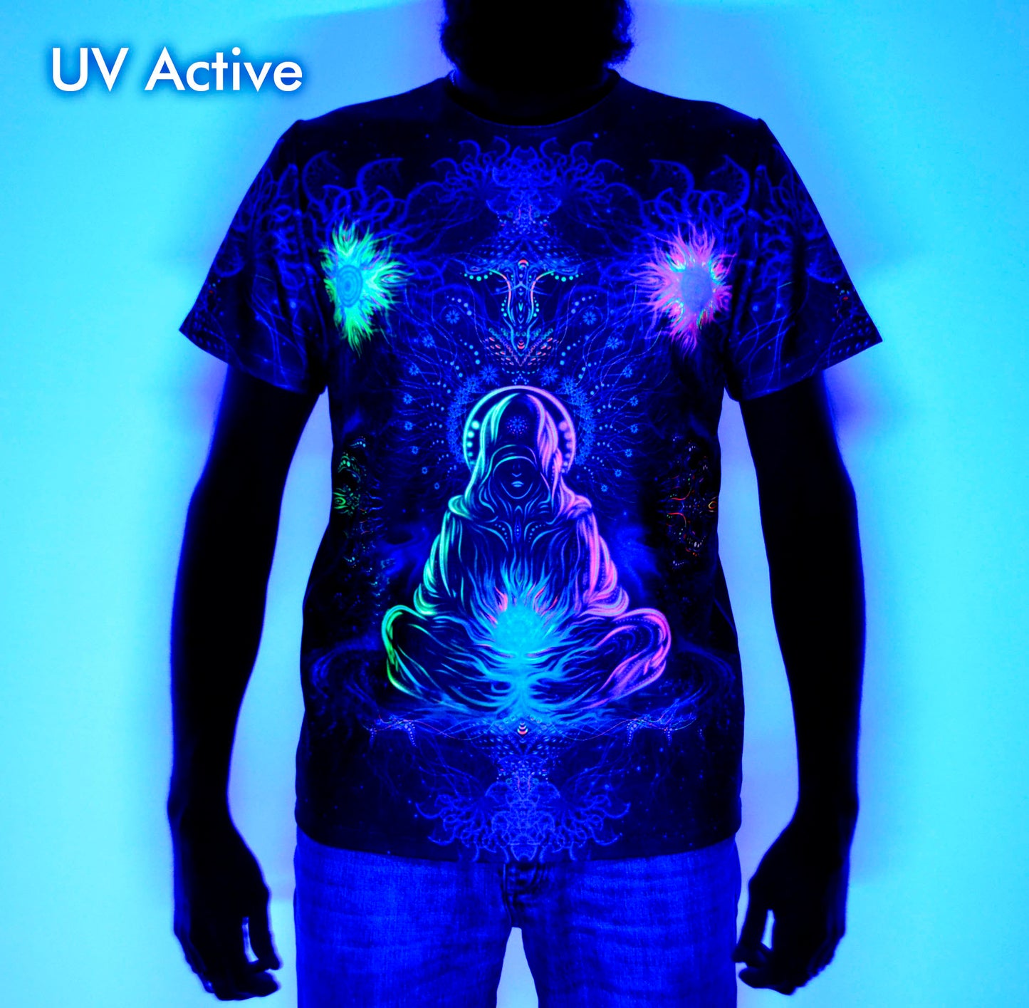 Adept Blacklight UV active T-shirt with "Inner Peace" illustration - man meditating on a mandala.