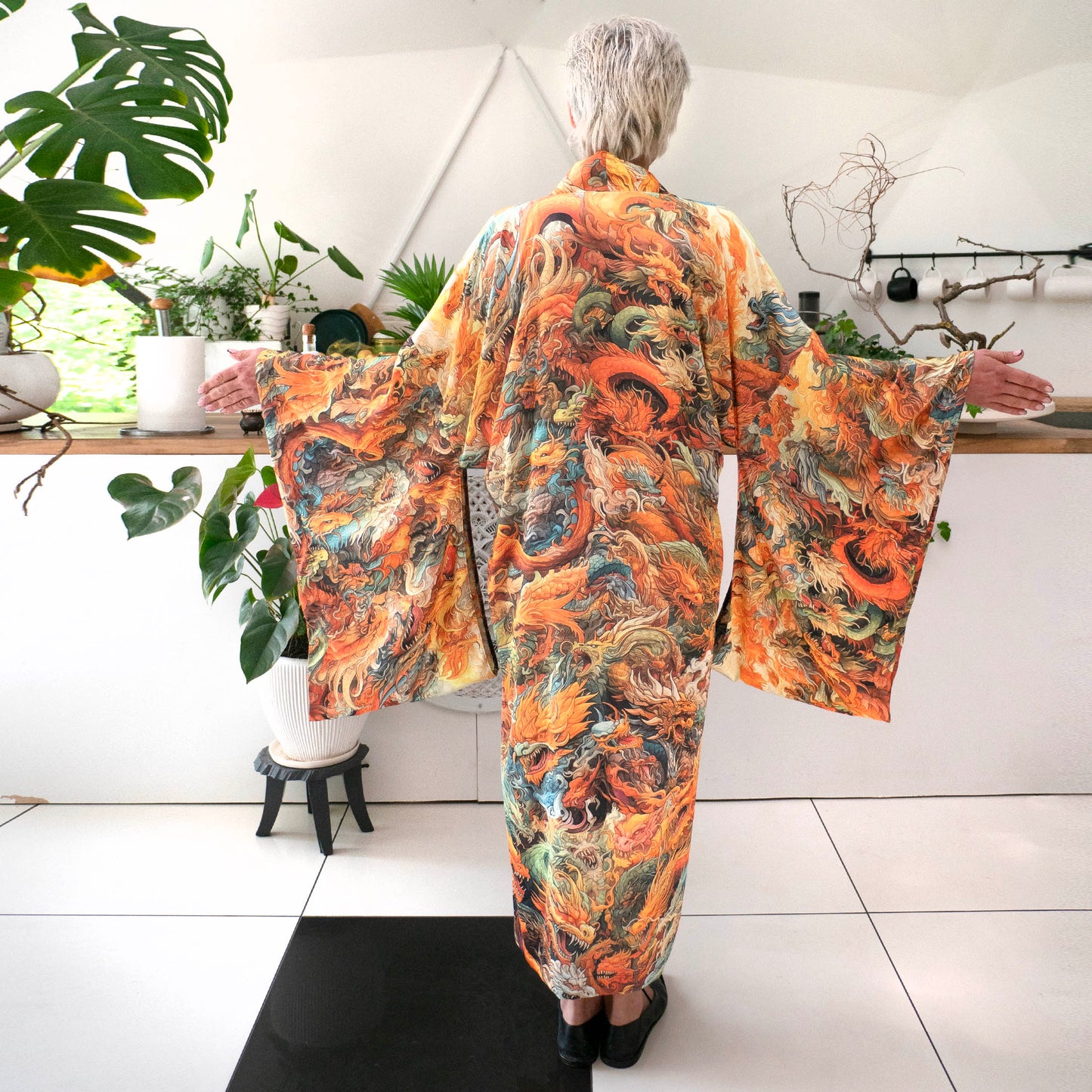 Psychedelic Asian dragon kimono for men and women. Sublimation printing ensures long-lasting color.