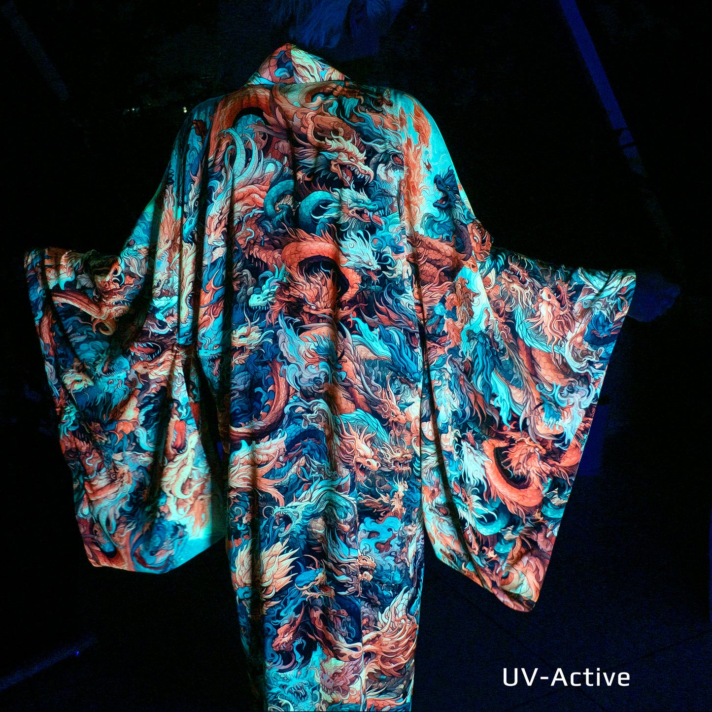 Glow in the dark kimono with a cyberpunk dragon. Stand out at your next rave or festival!