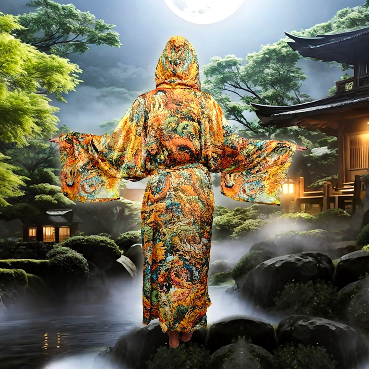 Blacklight Kimono Asia Dragons, Rave Dress, Festival Tunic, Trippy Wear (Unisex)