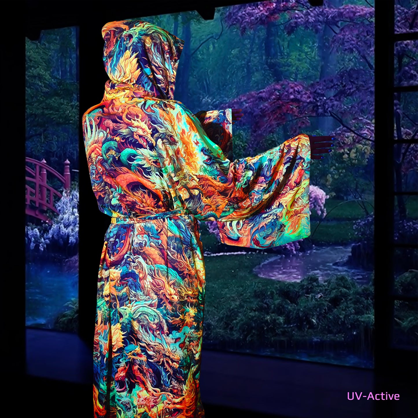 Blacklight Kimono Asia Dragons, Rave Dress, Festival Tunic, Trippy Wear (Unisex)