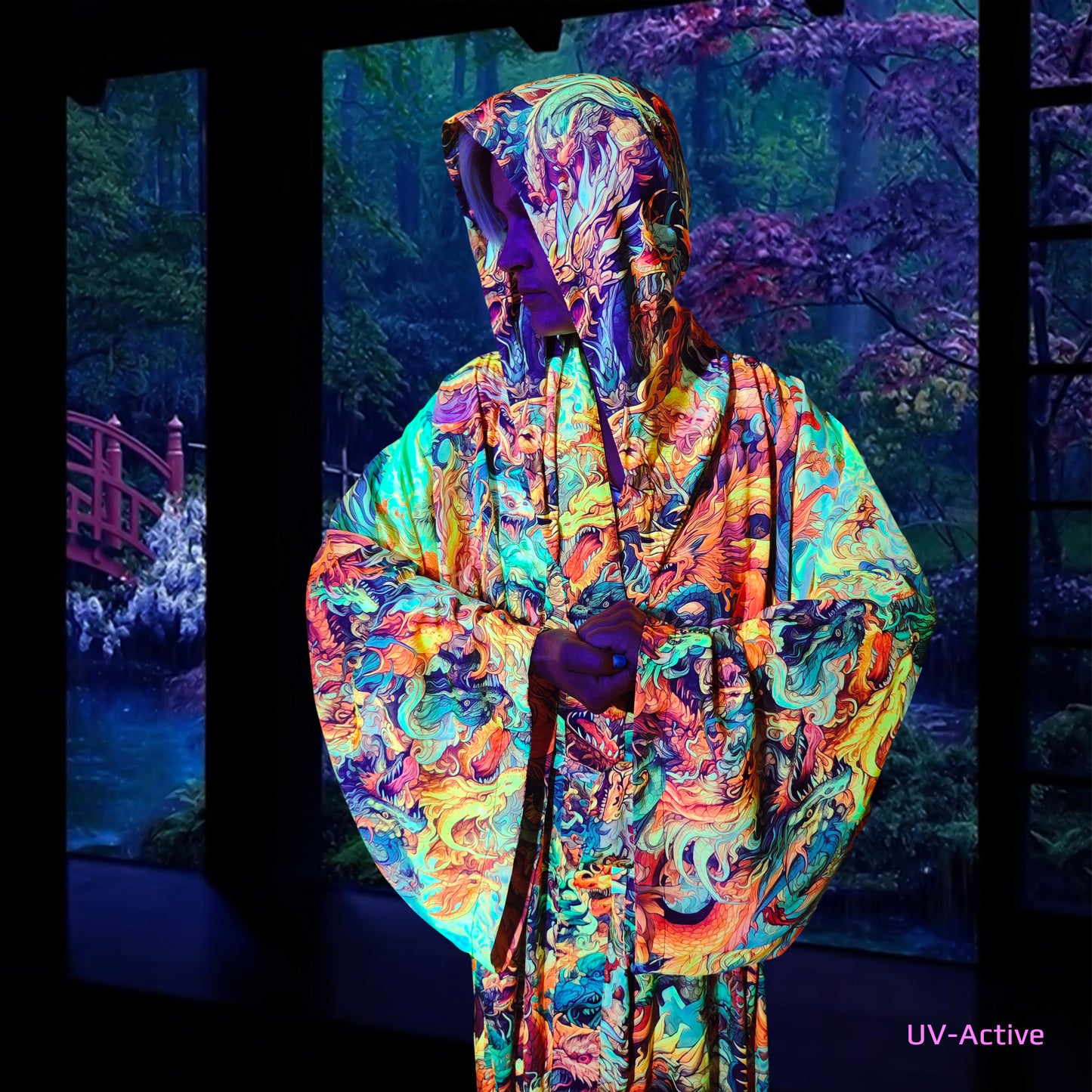 Blacklight Kimono Asia Dragons, Rave Dress, Festival Tunic, Trippy Wear (Unisex)