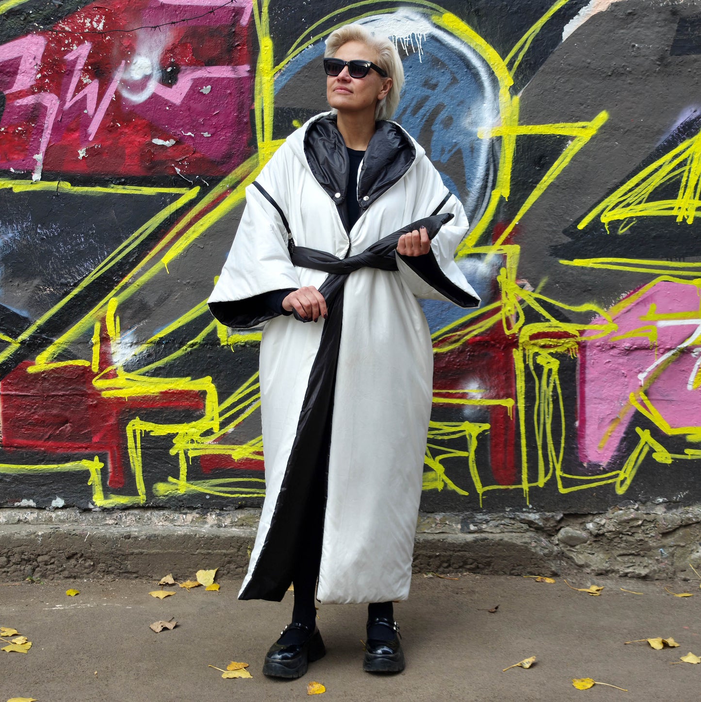 Warm kimono for winter Black and white Tribal pattern