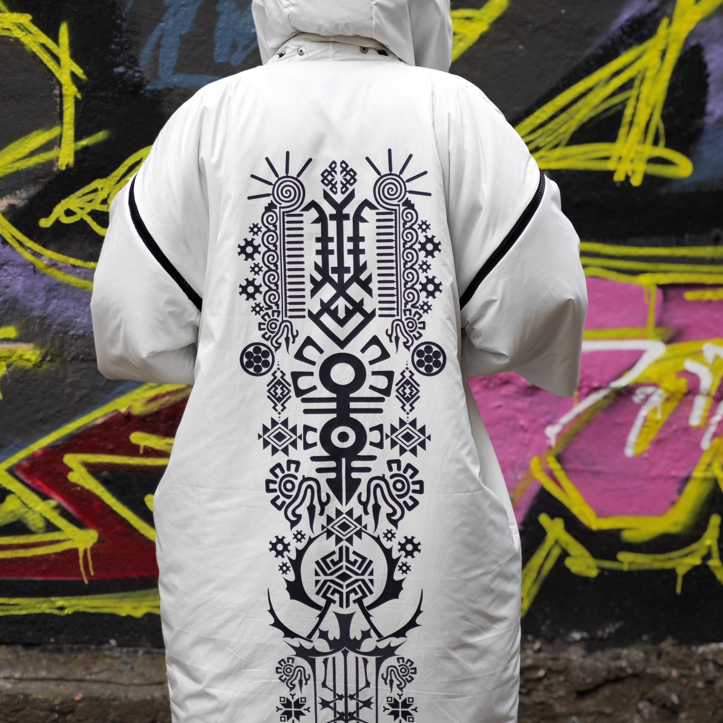 Warm kimono for winter Black and white Tribal pattern