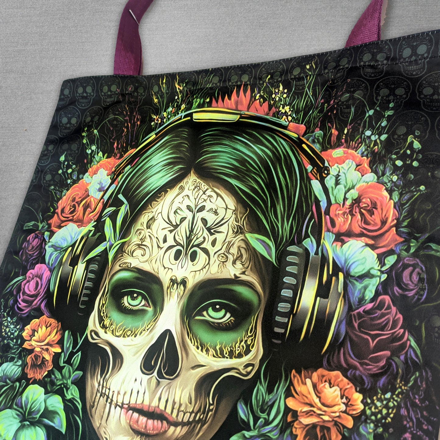 Santa Muerte Blacklight UV active shopper bag
