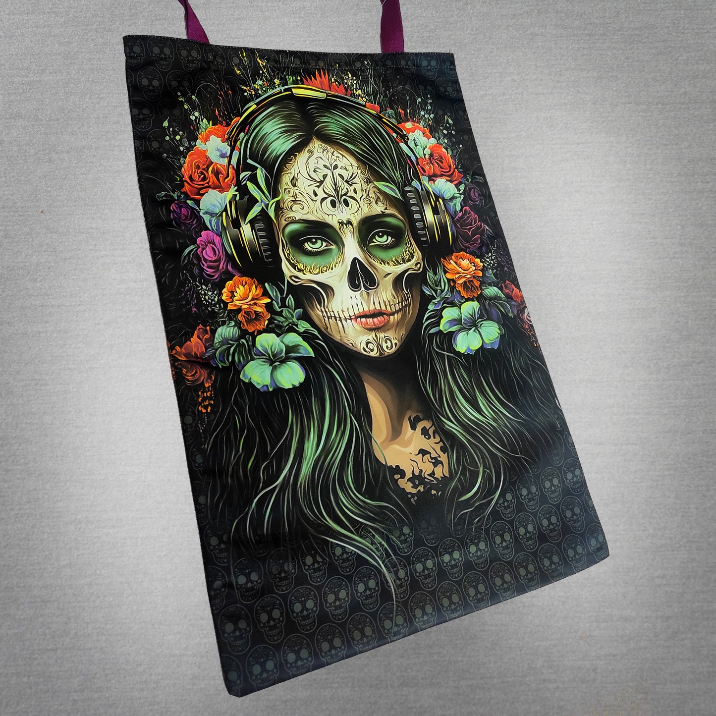 Santa Muerte Blacklight UV active shopper bag