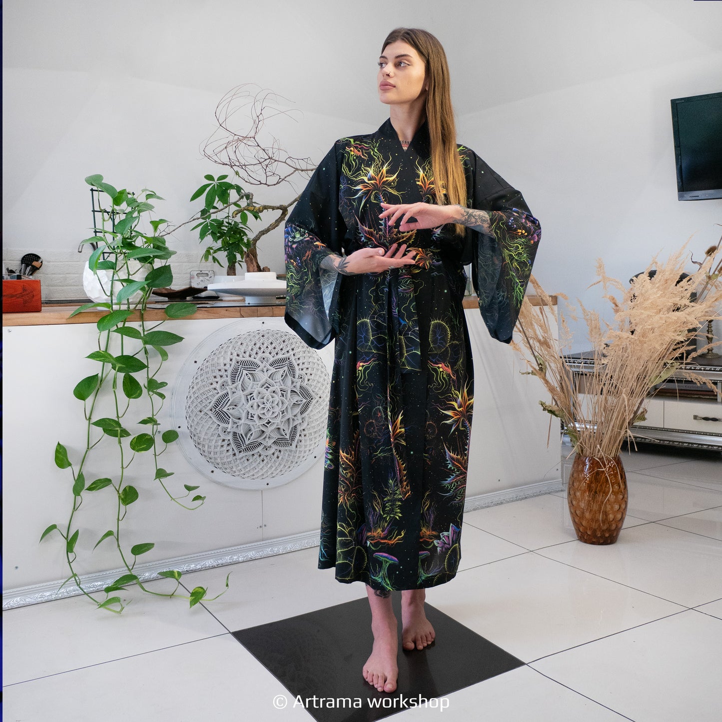 Blacklight Kimono Santa Muerte, Rave Dress, Festival Tunic, Trippy Wear (Unisex)