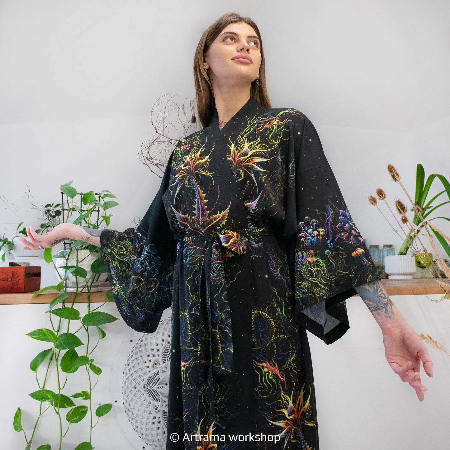 Blacklight Kimono Santa Muerte, Rave Dress, Festival Tunic, Trippy Wear (Unisex)