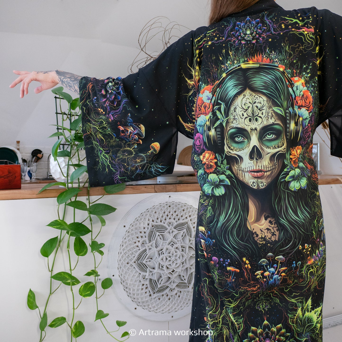 Blacklight Kimono Santa Muerte, Rave Dress, Festival Tunic, Trippy Wear (Unisex)