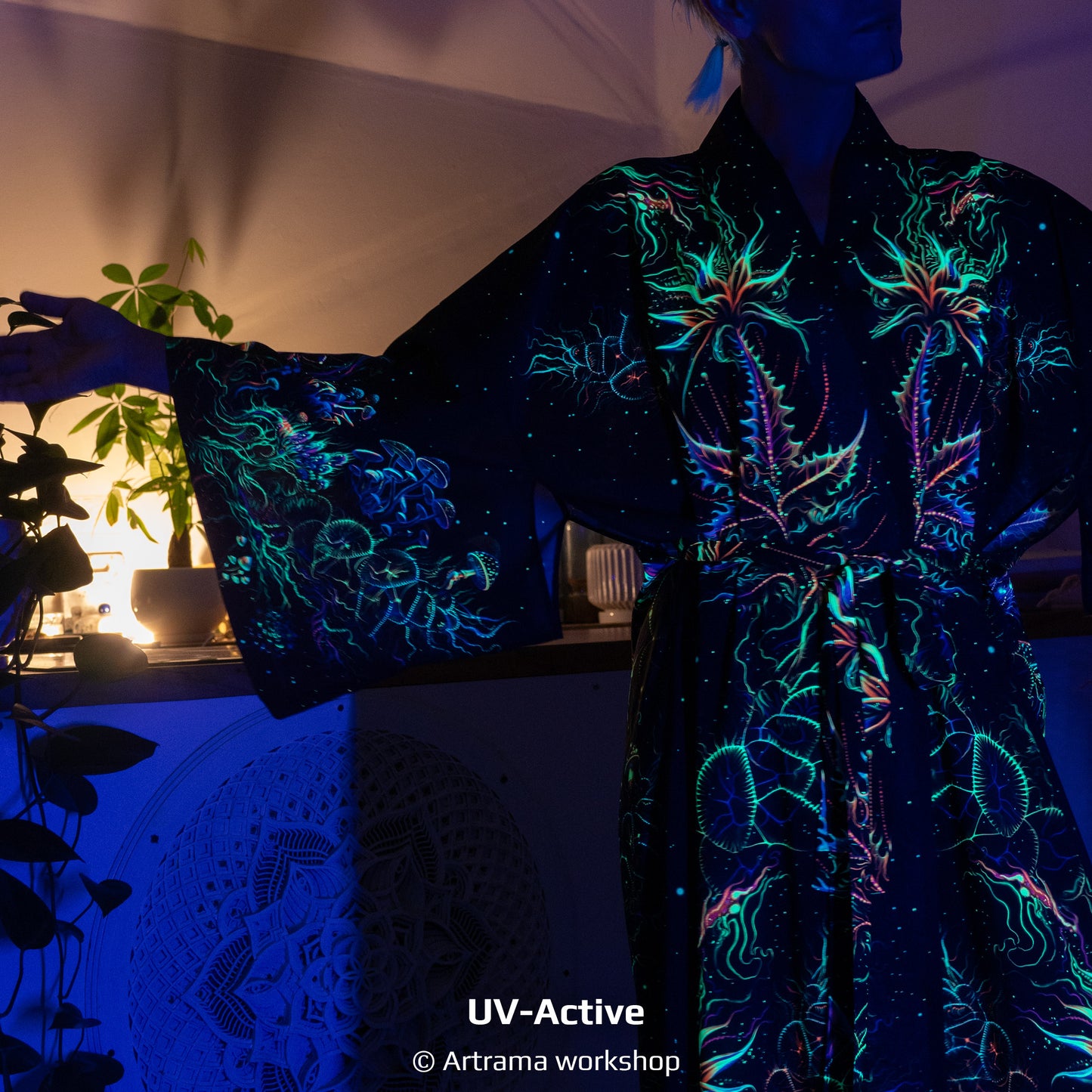 Blacklight Kimono Santa Muerte, Rave Dress, Festival Tunic, Trippy Wear (Unisex)