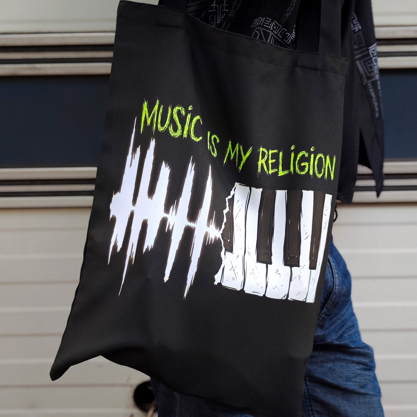 Music is my Religion Blacklight UV active shopper bag