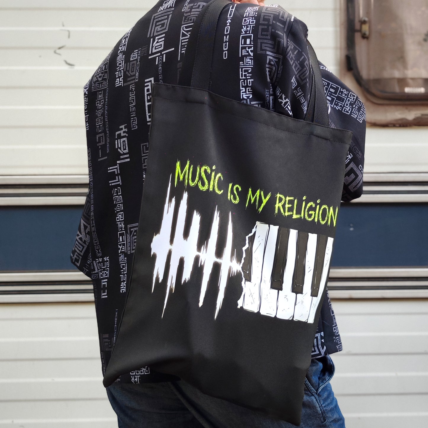 Music is my Religion Blacklight UV active shopper bag