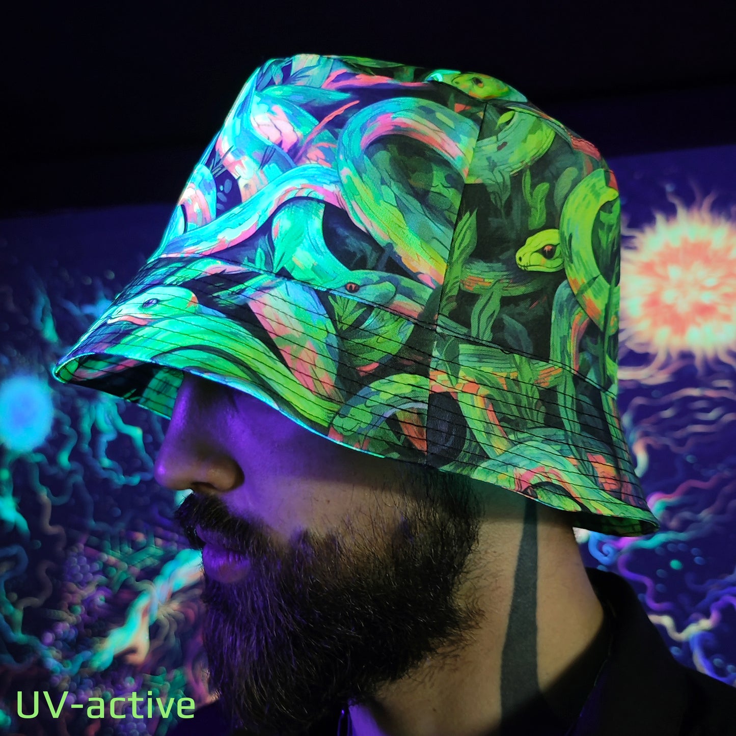 Acid Serpents Panama, Blacklight UV active bucket hat