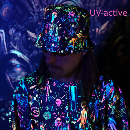 Shamanic Street Art Panama, Blacklight UV active bucket hat