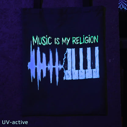 Music is my Religion Blacklight UV active shopper bag
