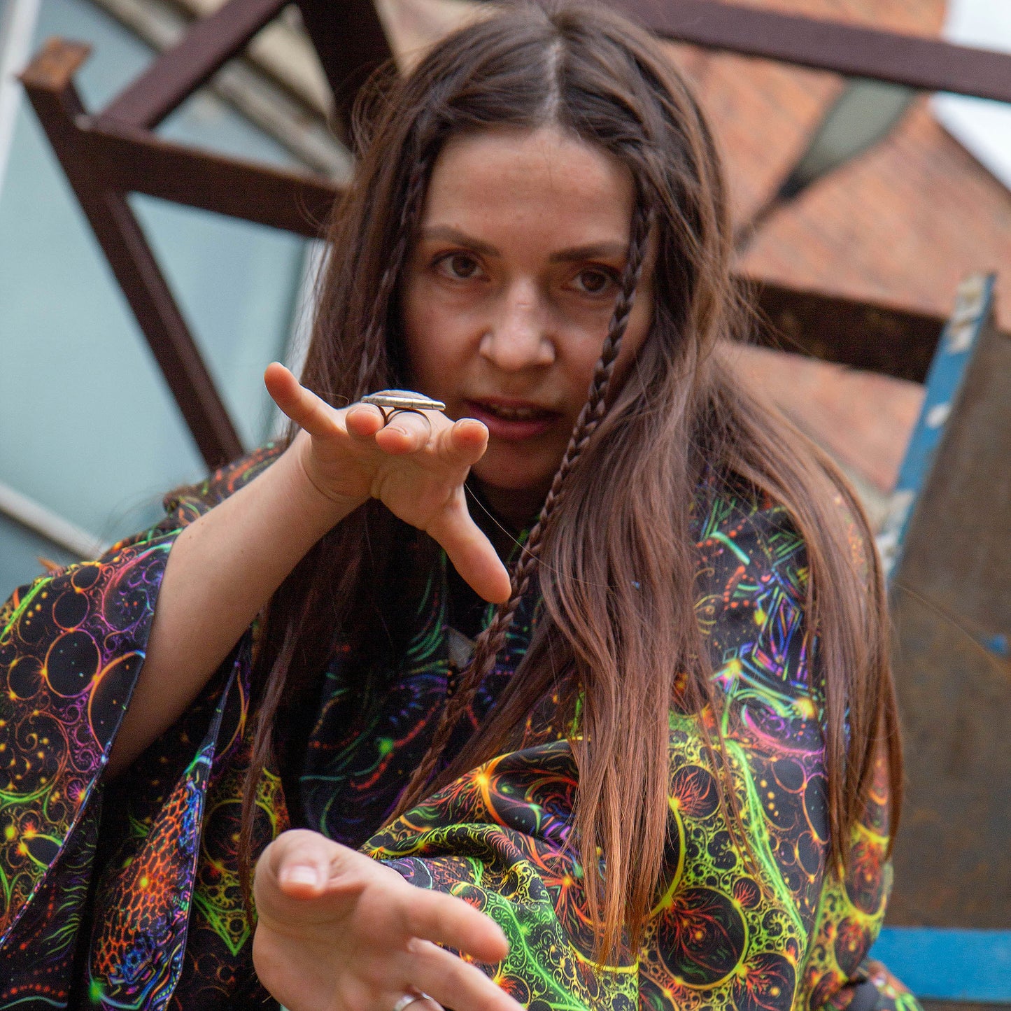 Blacklight Kimono , Rave Dress, Festival Tunic, Trippy Wear with sacred geometry (Unisex)