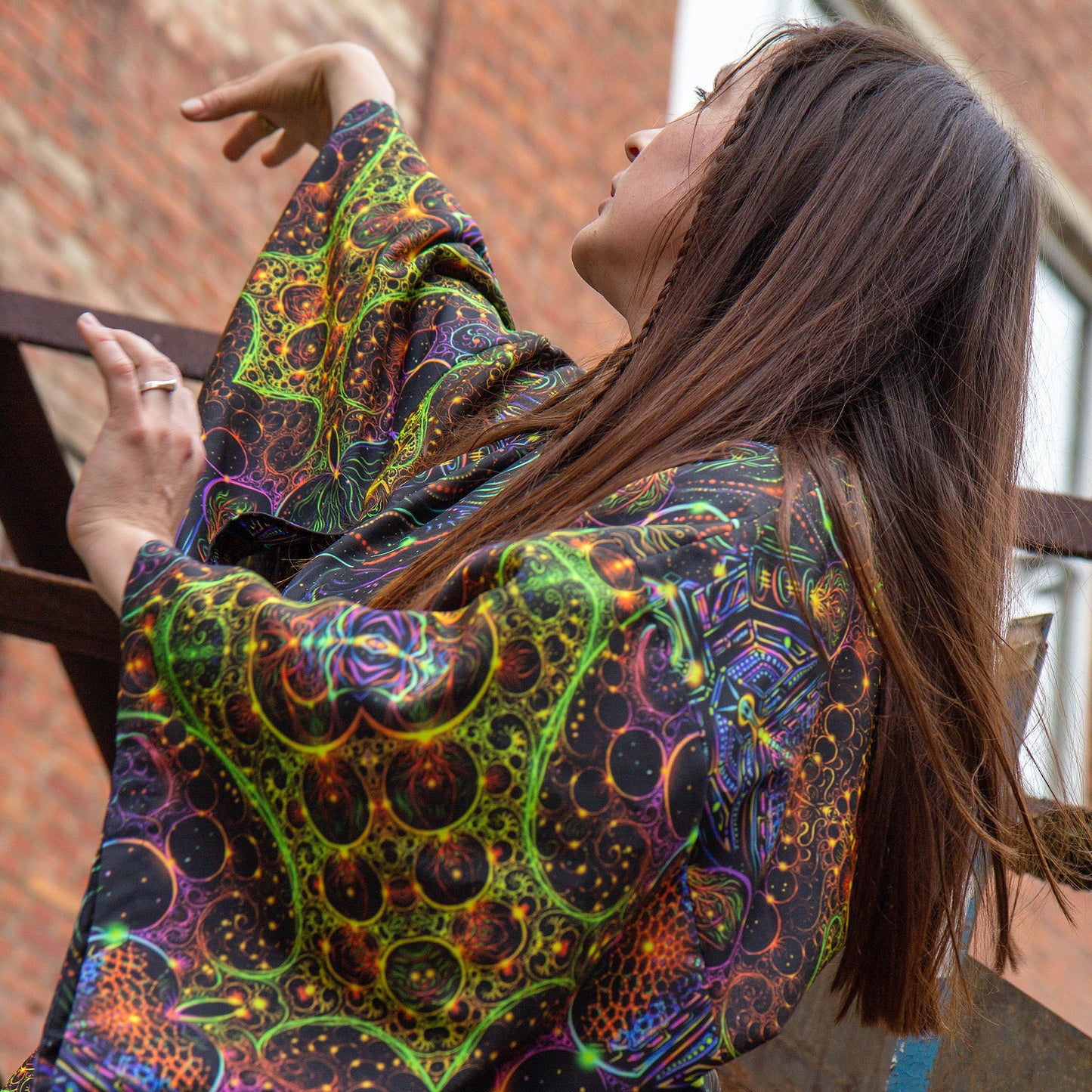 Blacklight Kimono , Rave Dress, Festival Tunic, Trippy Wear with sacred geometry (Unisex)