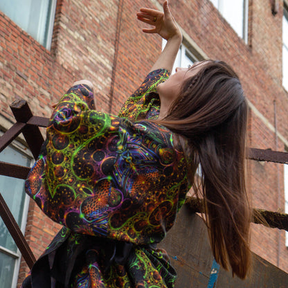 Blacklight Kimono , Rave Dress, Festival Tunic, Trippy Wear with sacred geometry (Unisex)