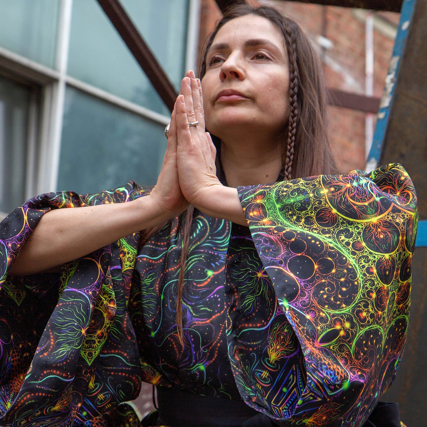 Blacklight Kimono , Rave Dress, Festival Tunic, Trippy Wear with sacred geometry (Unisex)