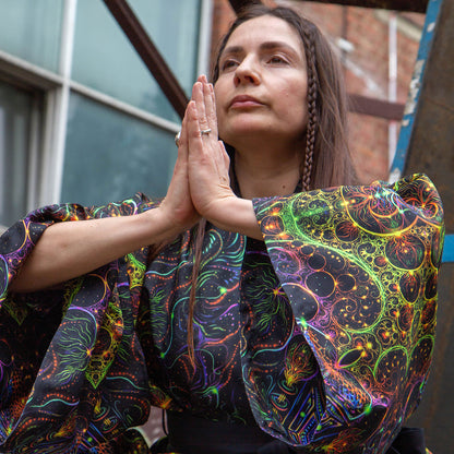 Blacklight Kimono , Rave Dress, Festival Tunic, Trippy Wear with sacred geometry (Unisex)