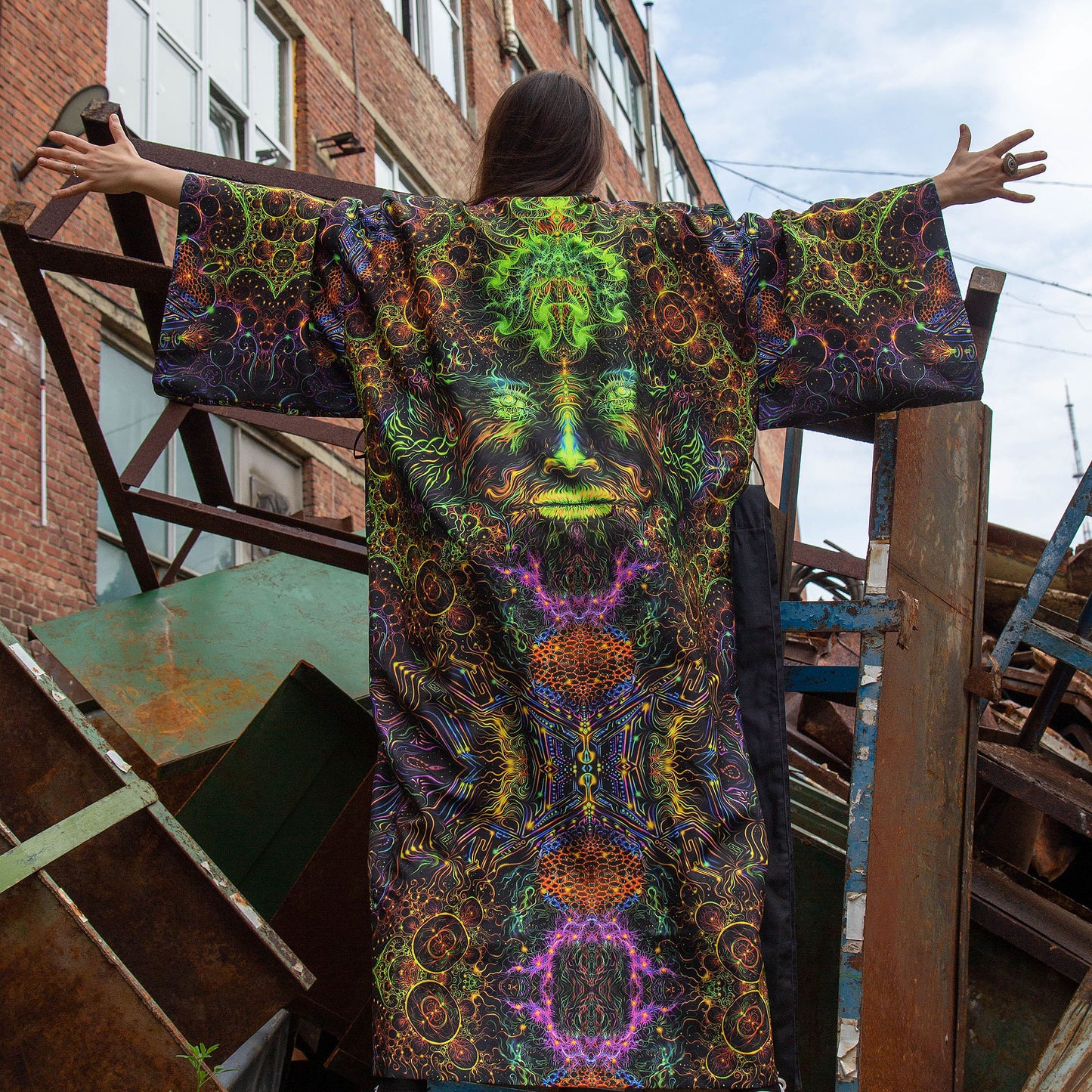 Blacklight Kimono , Rave Dress, Festival Tunic, Trippy Wear with sacred geometry (Unisex)
