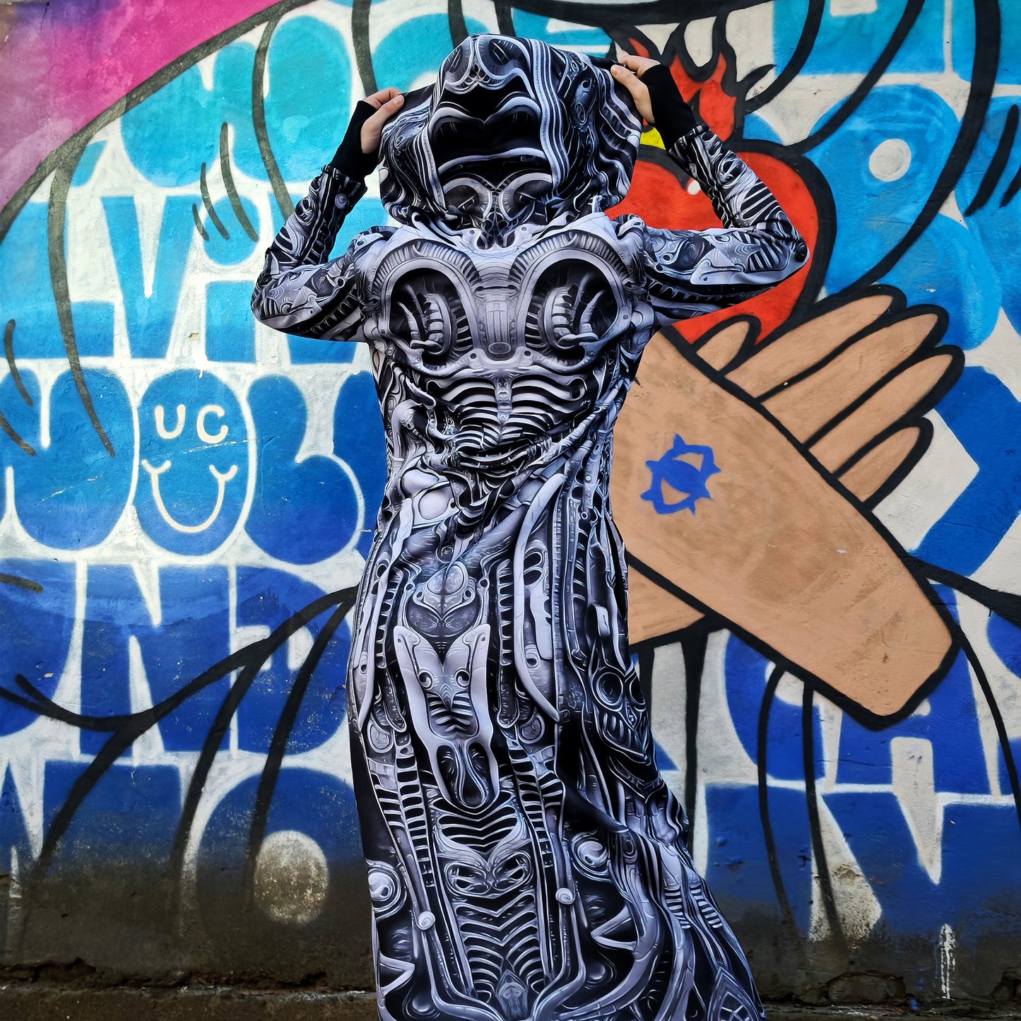 Alien Skin Blacklight UV Active Dress With Hood