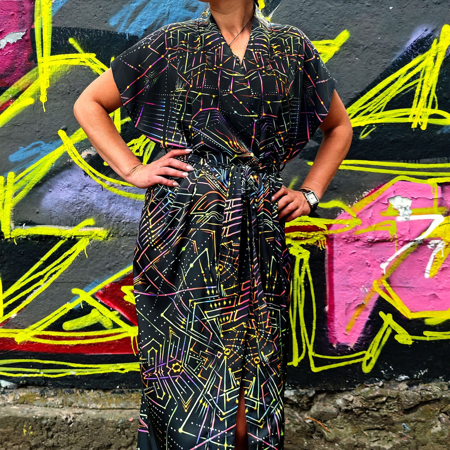 UV Blacklight Sleeveless Kimono -   Ancient Symbols (Unisex)