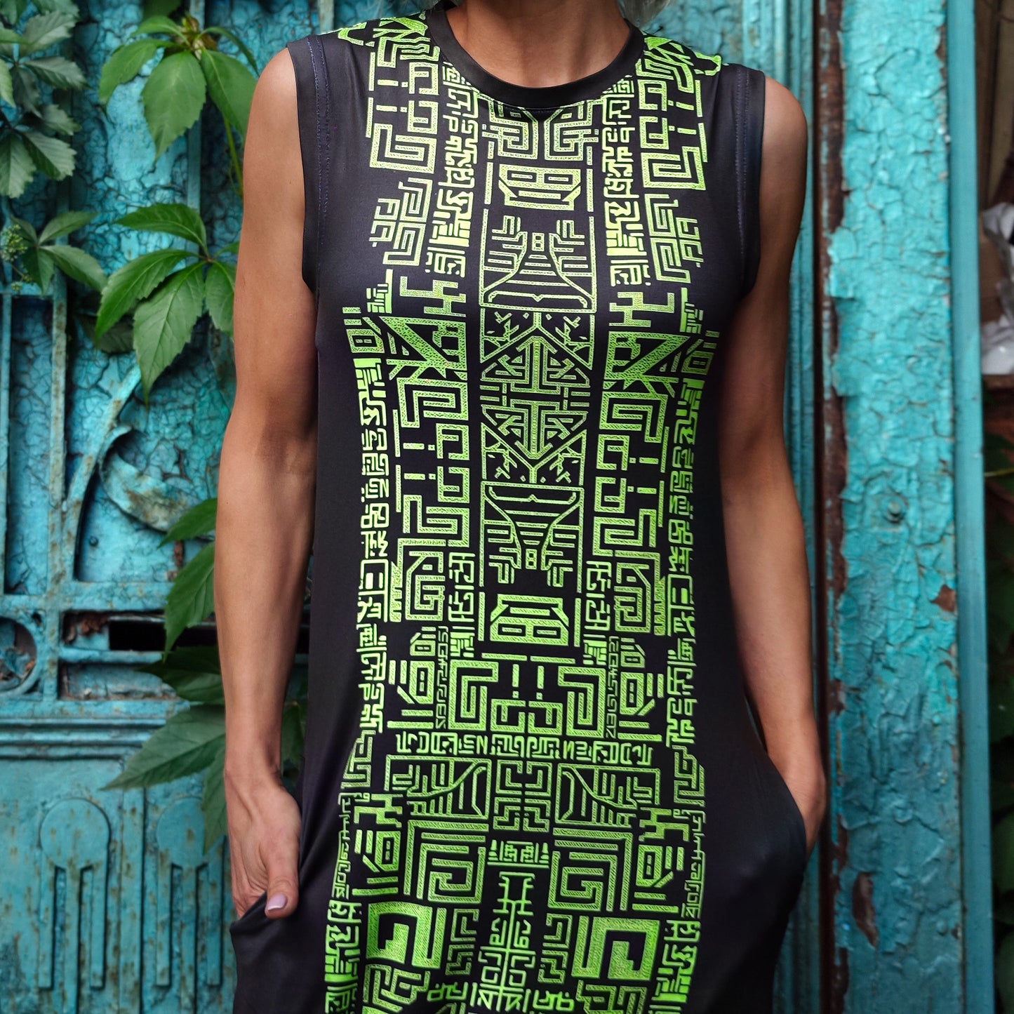 Alien Symbols Blacklight UV Active Sleeveless Dress