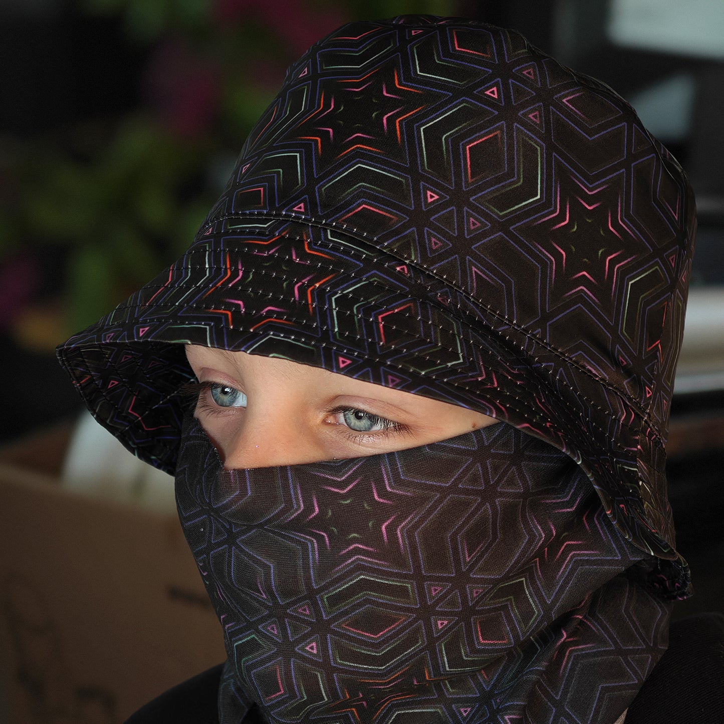 Dark Sacred Geometry - Set with Neck Gaiter and Panama Hat UV Reactive