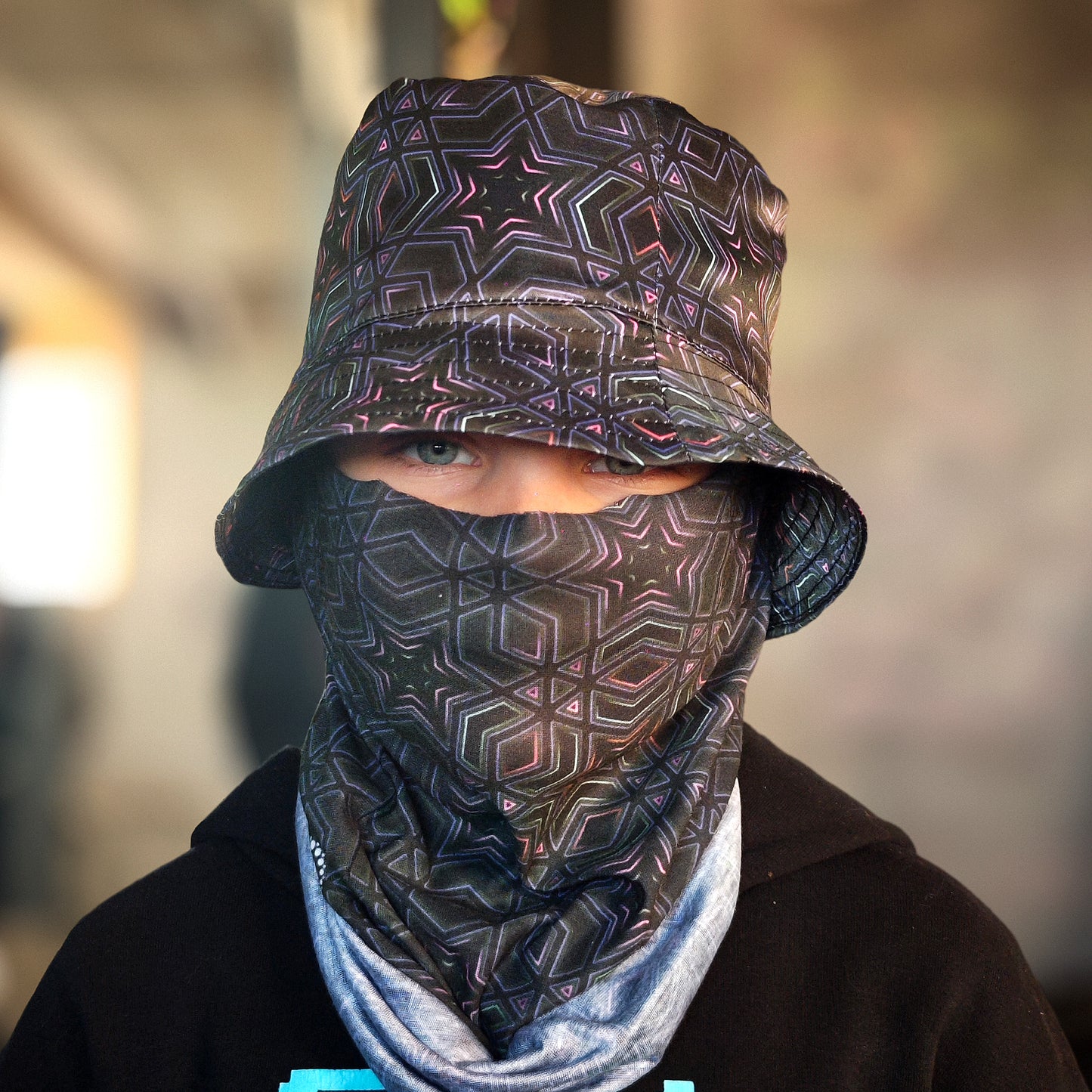 Dark Sacred Geometry - Set with Neck Gaiter and Panama Hat UV Reactive