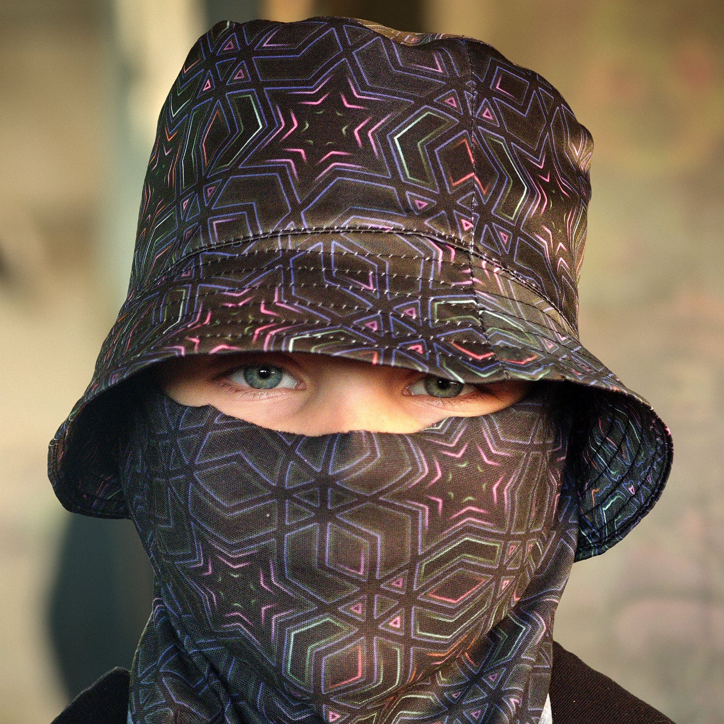 Dark Sacred Geometry - Set with Neck Gaiter and Panama Hat UV Reactive