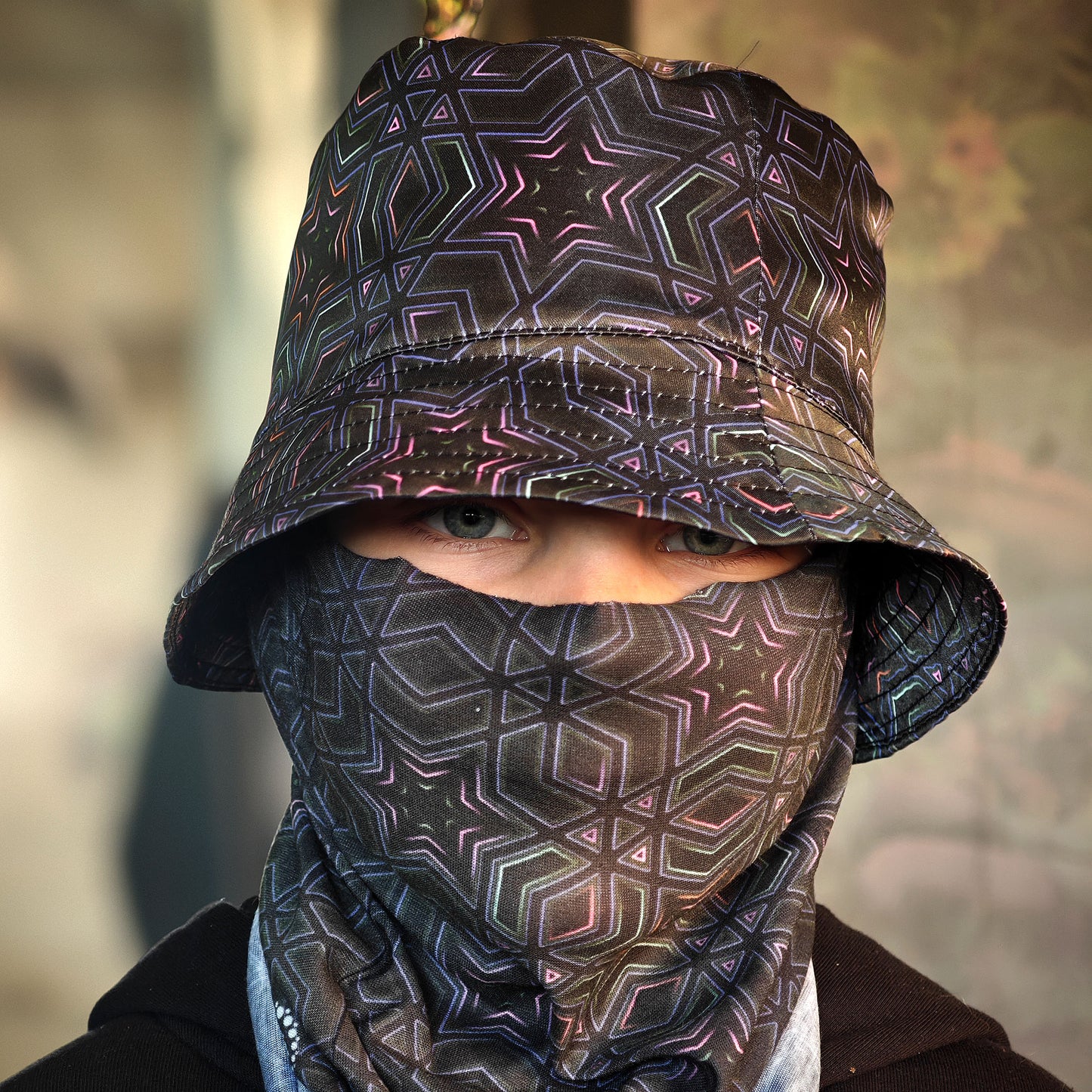Dark Sacred Geometry - Set with Neck Gaiter and Panama Hat UV Reactive