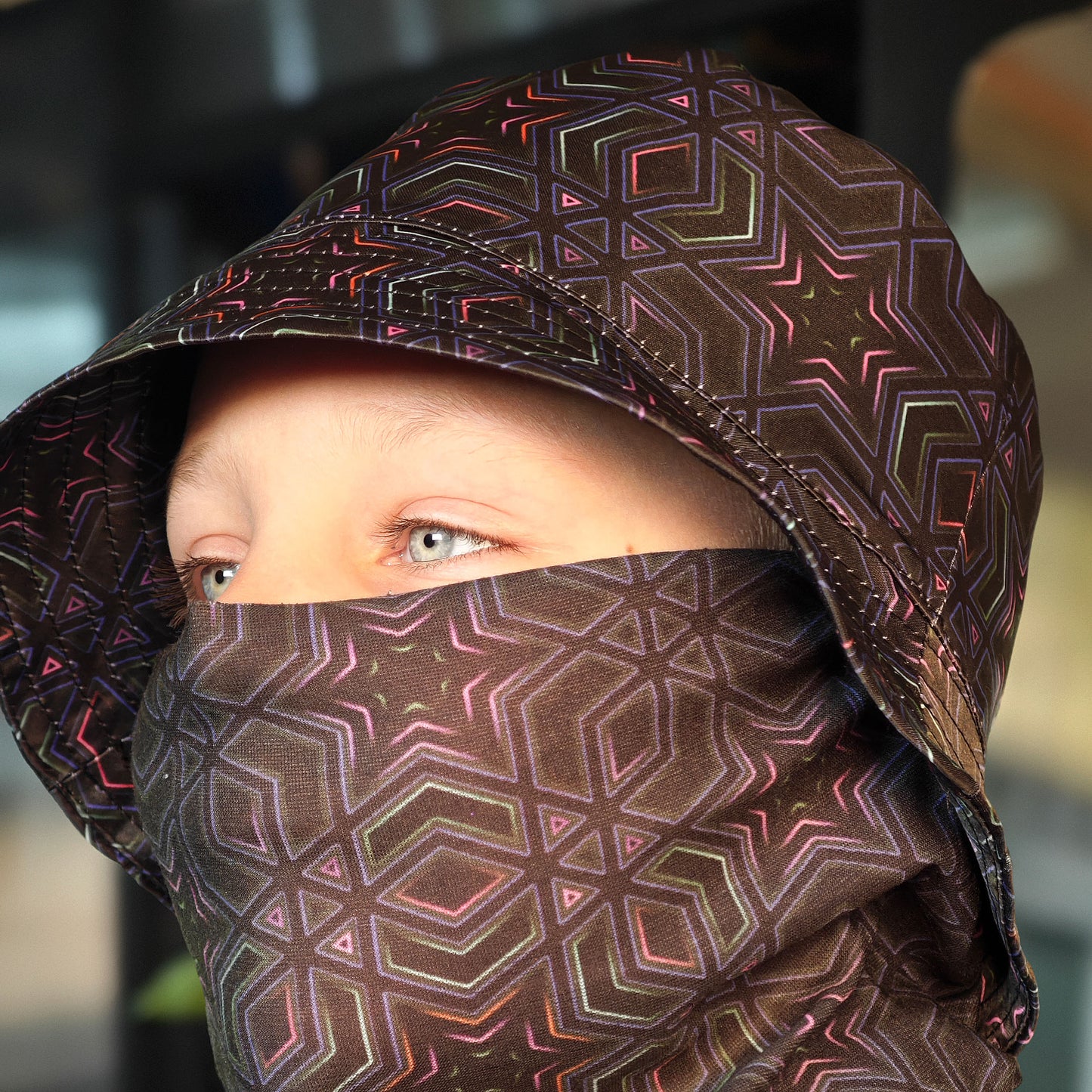 Dark Sacred Geometry - Set with Neck Gaiter and Panama Hat UV Reactive