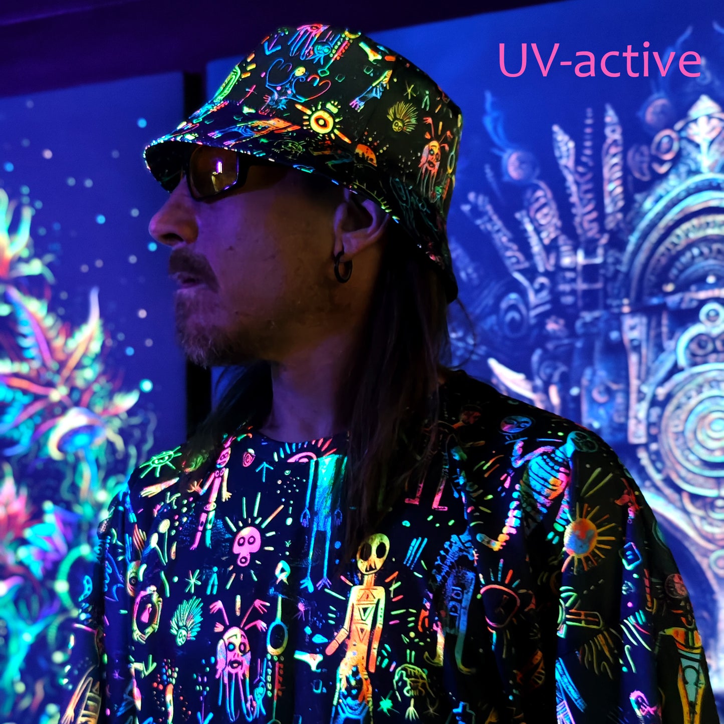 Shamanic Street Art Panama, Blacklight UV active bucket hat