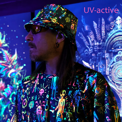 Shamanic Street Art Panama, Blacklight UV active bucket hat