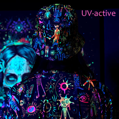 Shamanic Street Art Panama, Blacklight UV active bucket hat