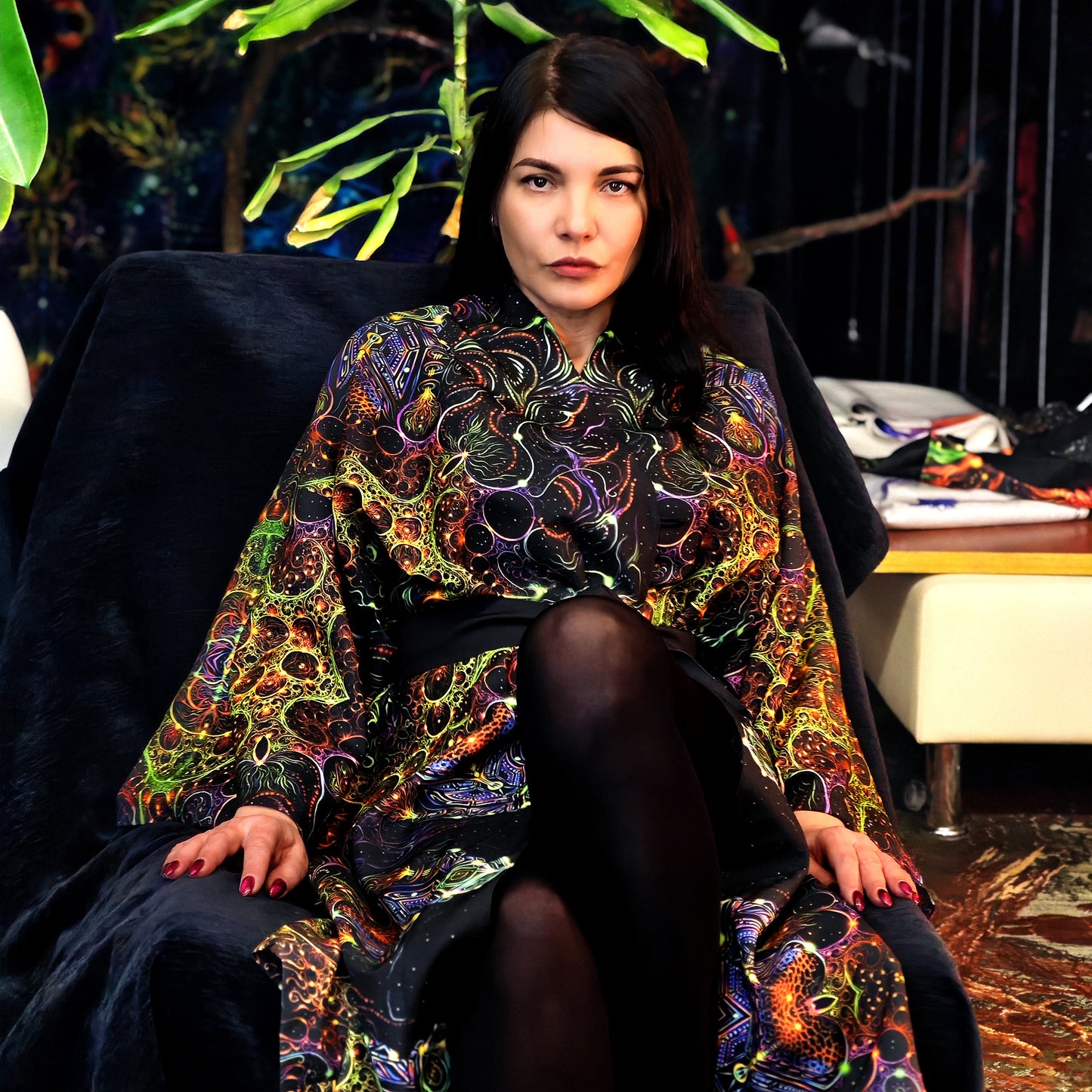 Blacklight Kimono , Rave Dress, Festival Tunic, Trippy Wear with sacred geometry (Unisex)
