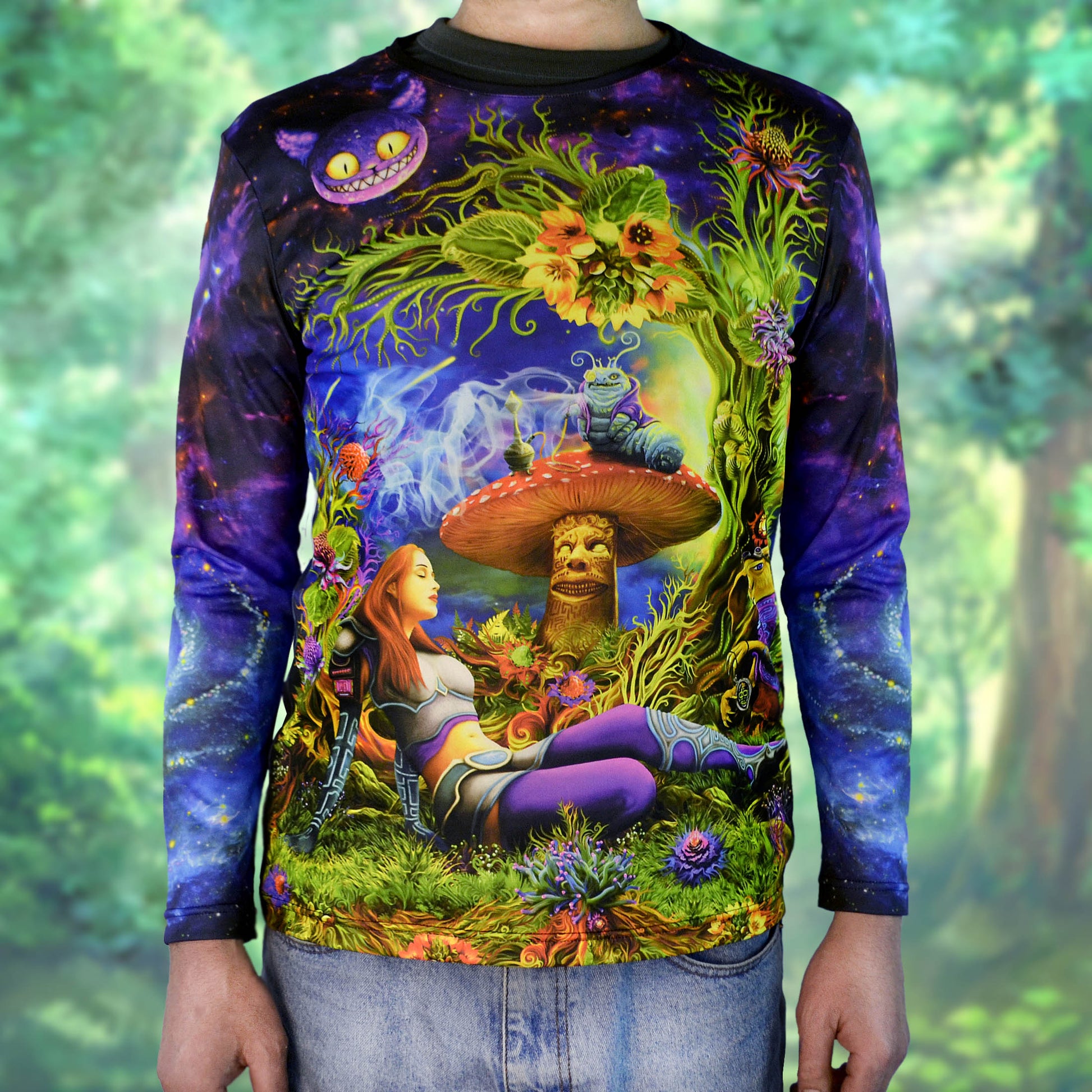 Trippy blacklight t-shirt featuring Alice's adventures in a psychedelic wonderland. Perfect for fans of psytrance, cyberpunk, and rave culture.