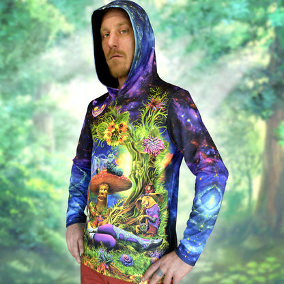 A long-sleeve blacklight t-shirt with a psychedelic design featuring Alice in Wonderland characters and imagery.