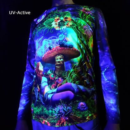 Long-sleeve "Alice in Psychedelic Wonderland" blacklight t-shirt. Glowing design for festivals and raves