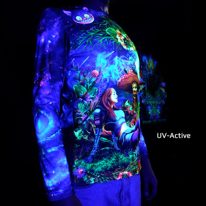 Unique "Alice in Psychedelic Wonderland" t-shirt by Artrama. Full-color print glows under blacklight. Stands out at festivals and parties. 