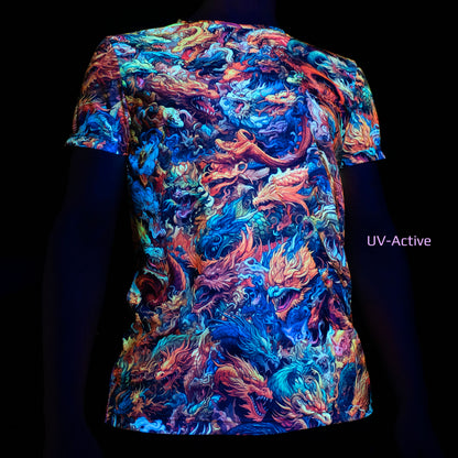 Blacklight activated dragon graphic tee