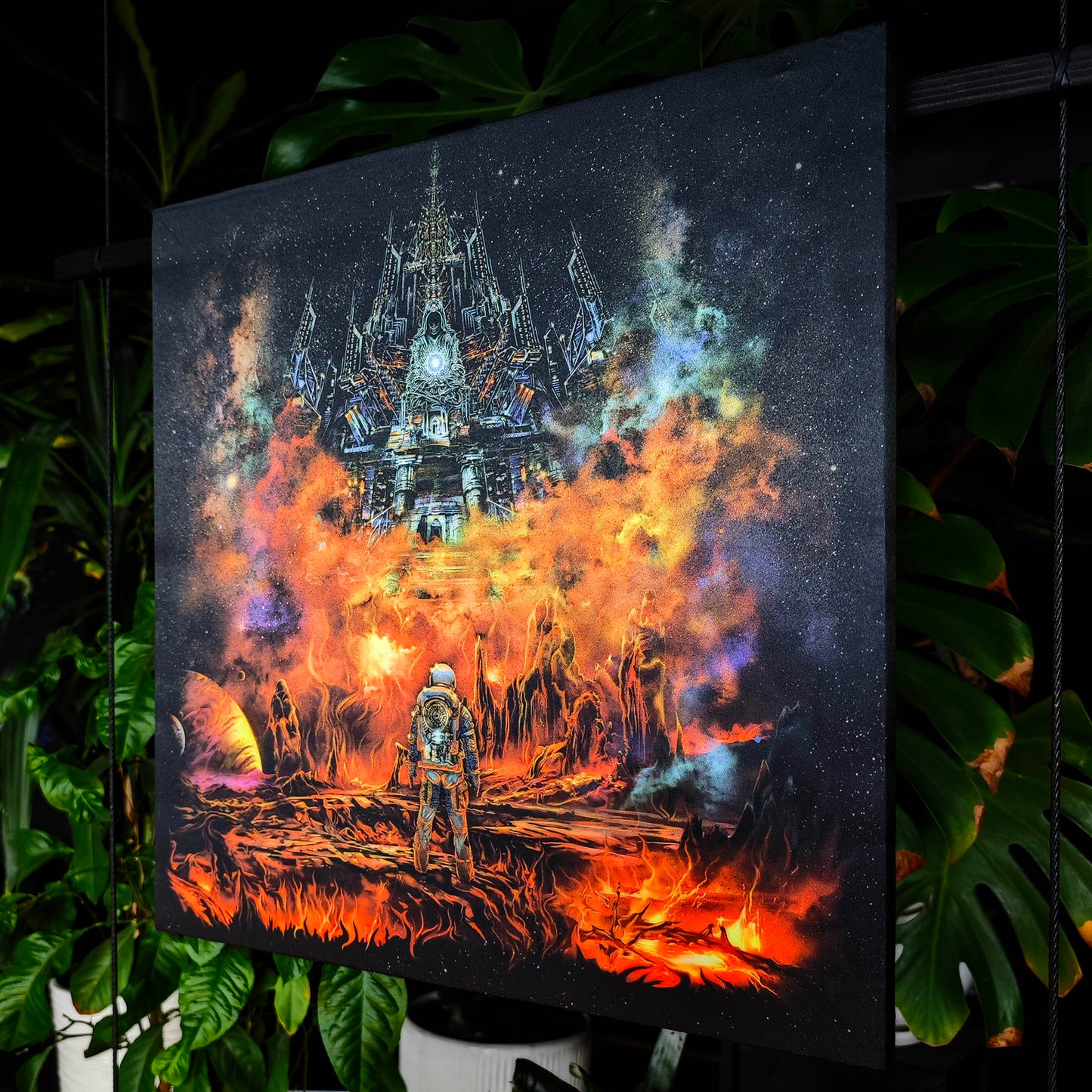 Astronaut's fiery journey UV-Active Wrapped Canvas
