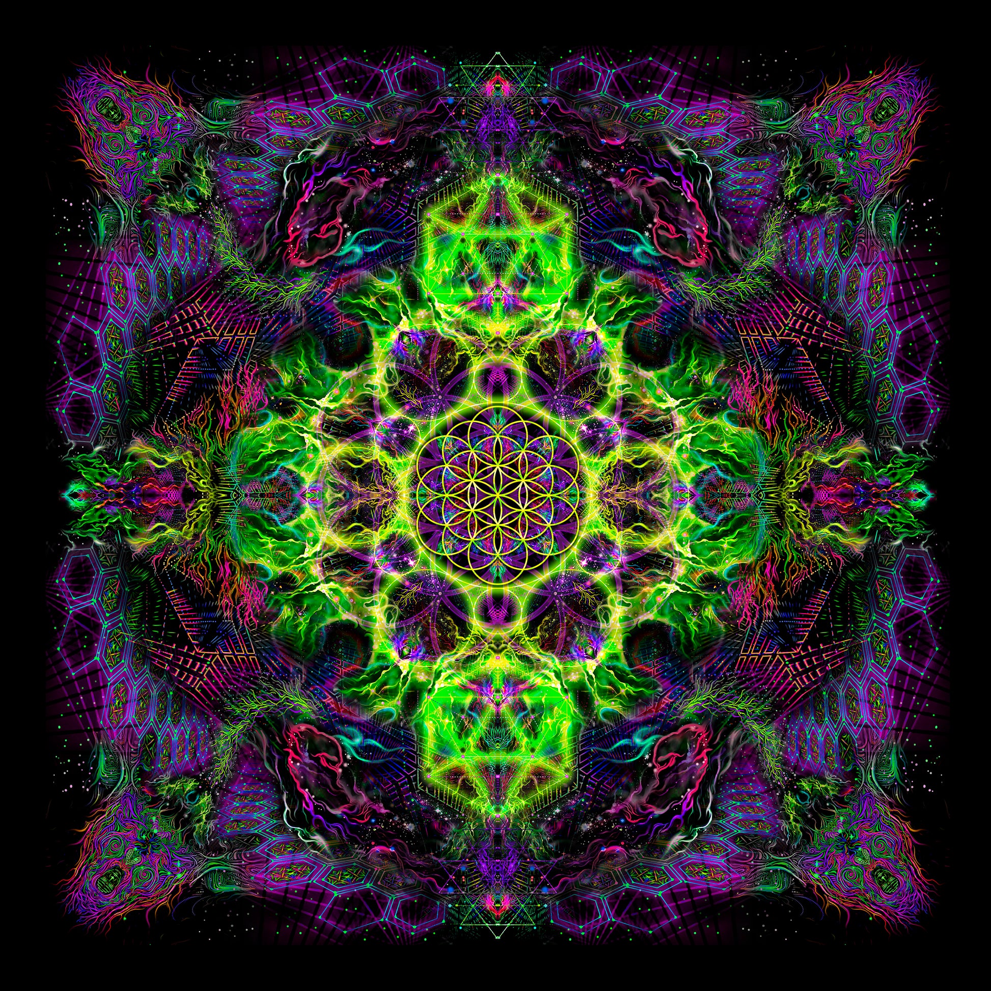 Flower of Life Lime - Psy backdrop UV blacklight active - Artrama