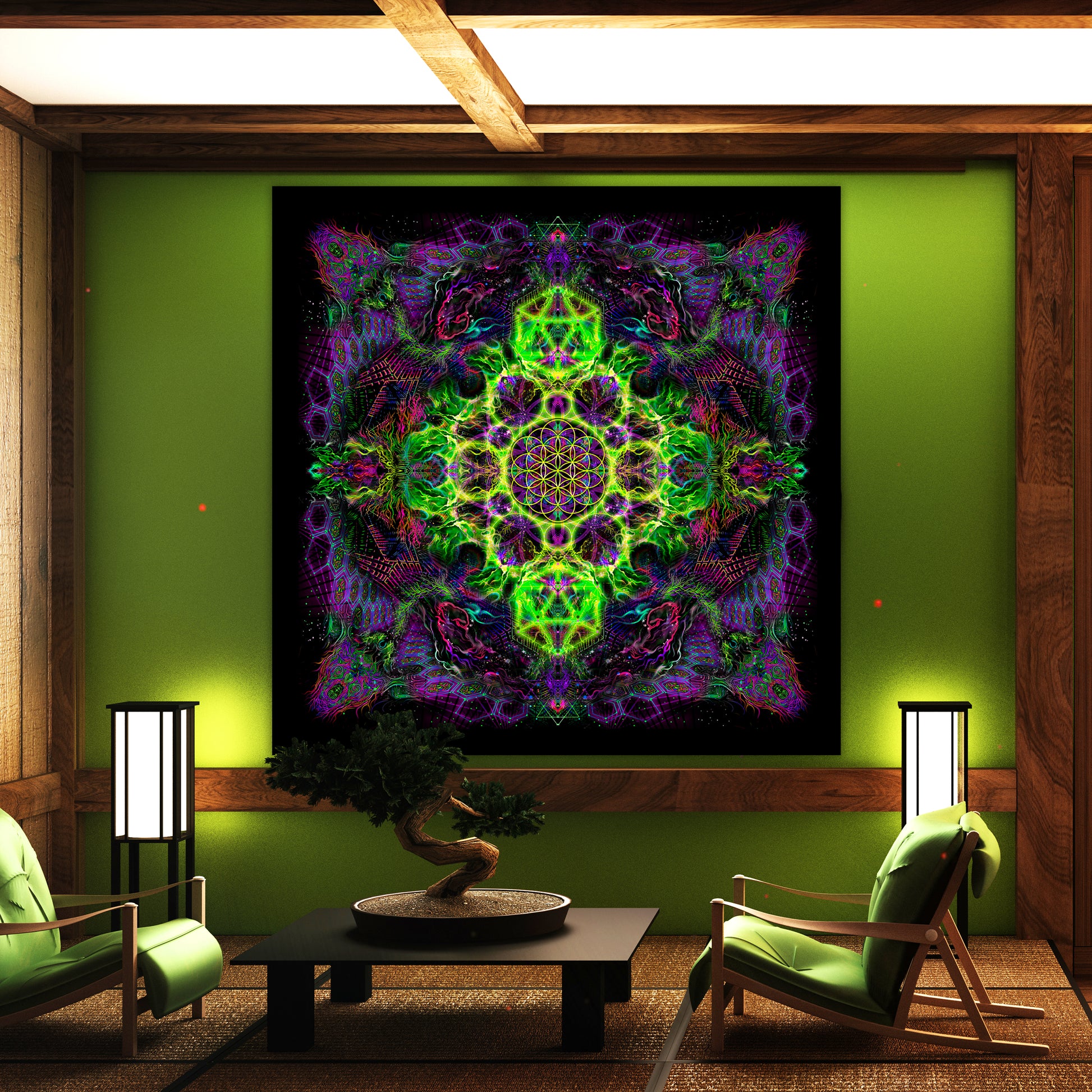 Flower of Life Lime - Psy backdrop UV blacklight active - Artrama