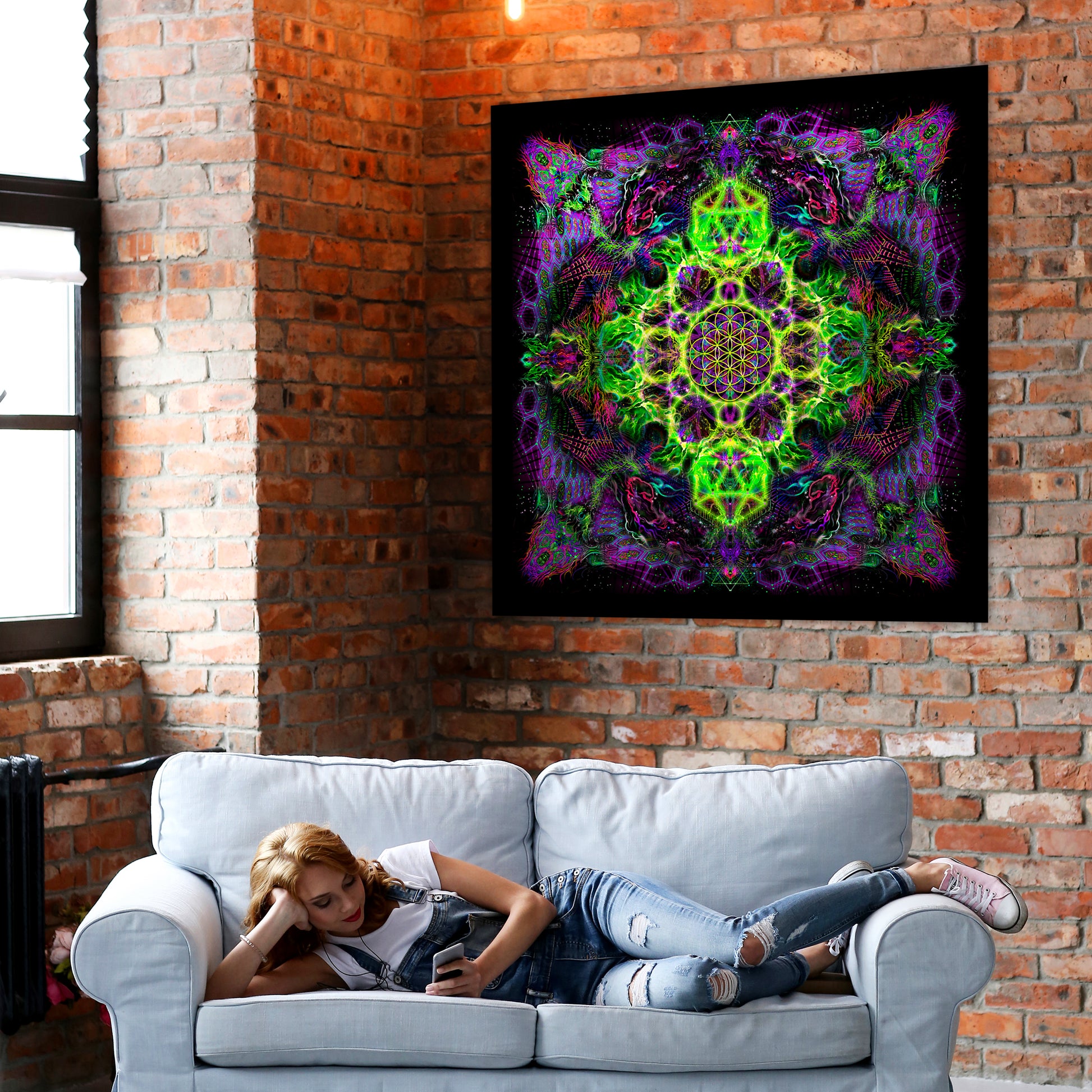 Flower of Life Lime - Psy backdrop UV blacklight active - Artrama