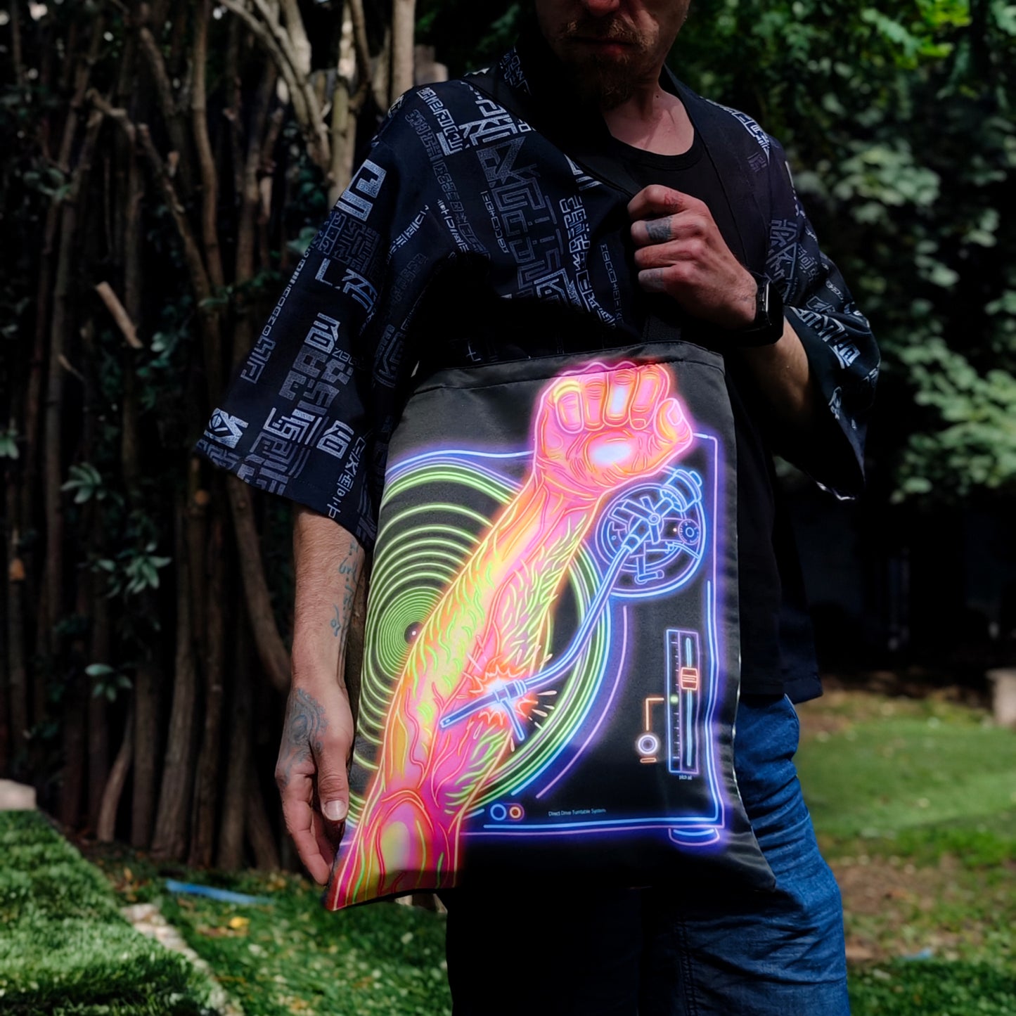 Vinyl Neon DJ Blacklight UV active shopper bag