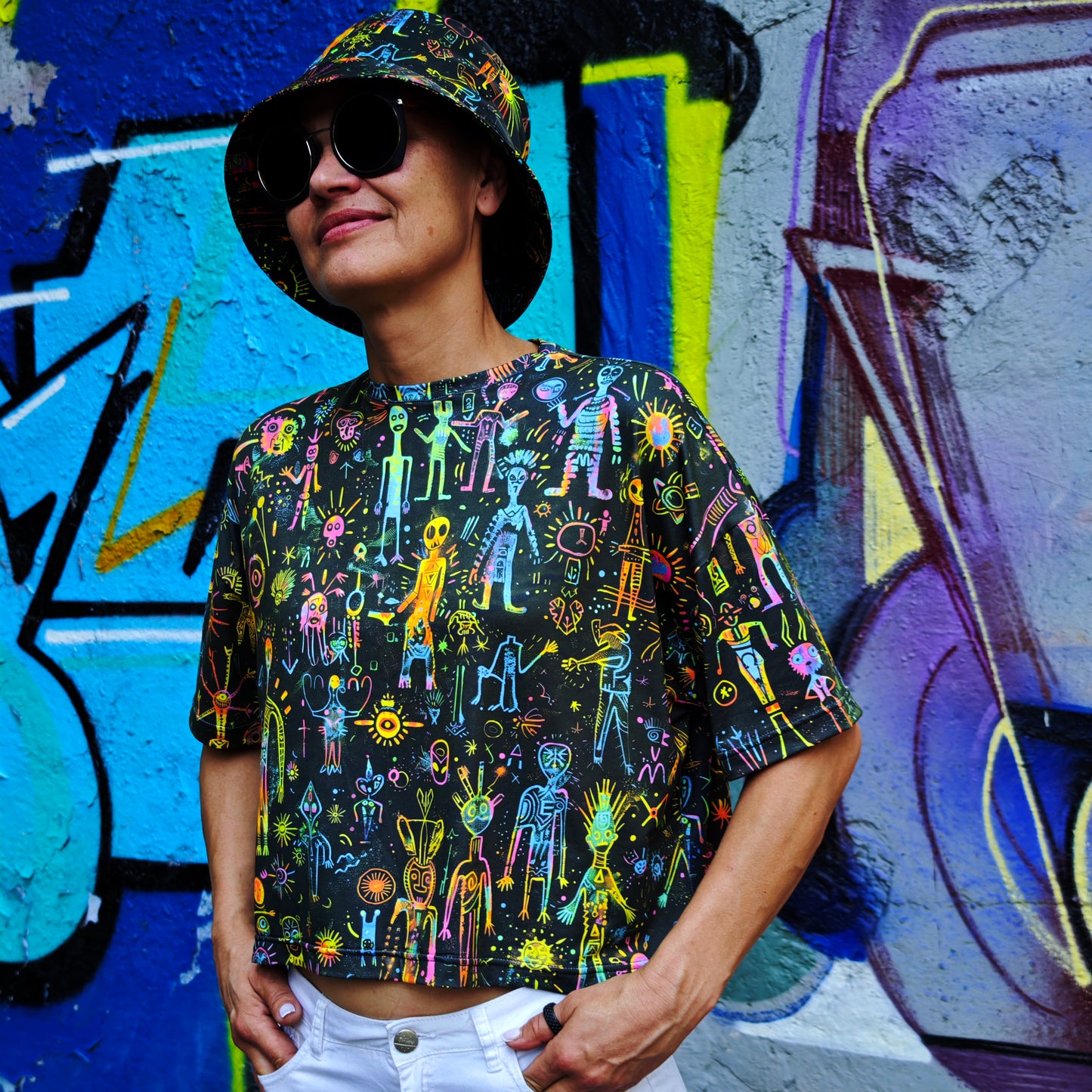 Shamanic Street Art UV Reactive Women's Cropped Oversized T-Shirt