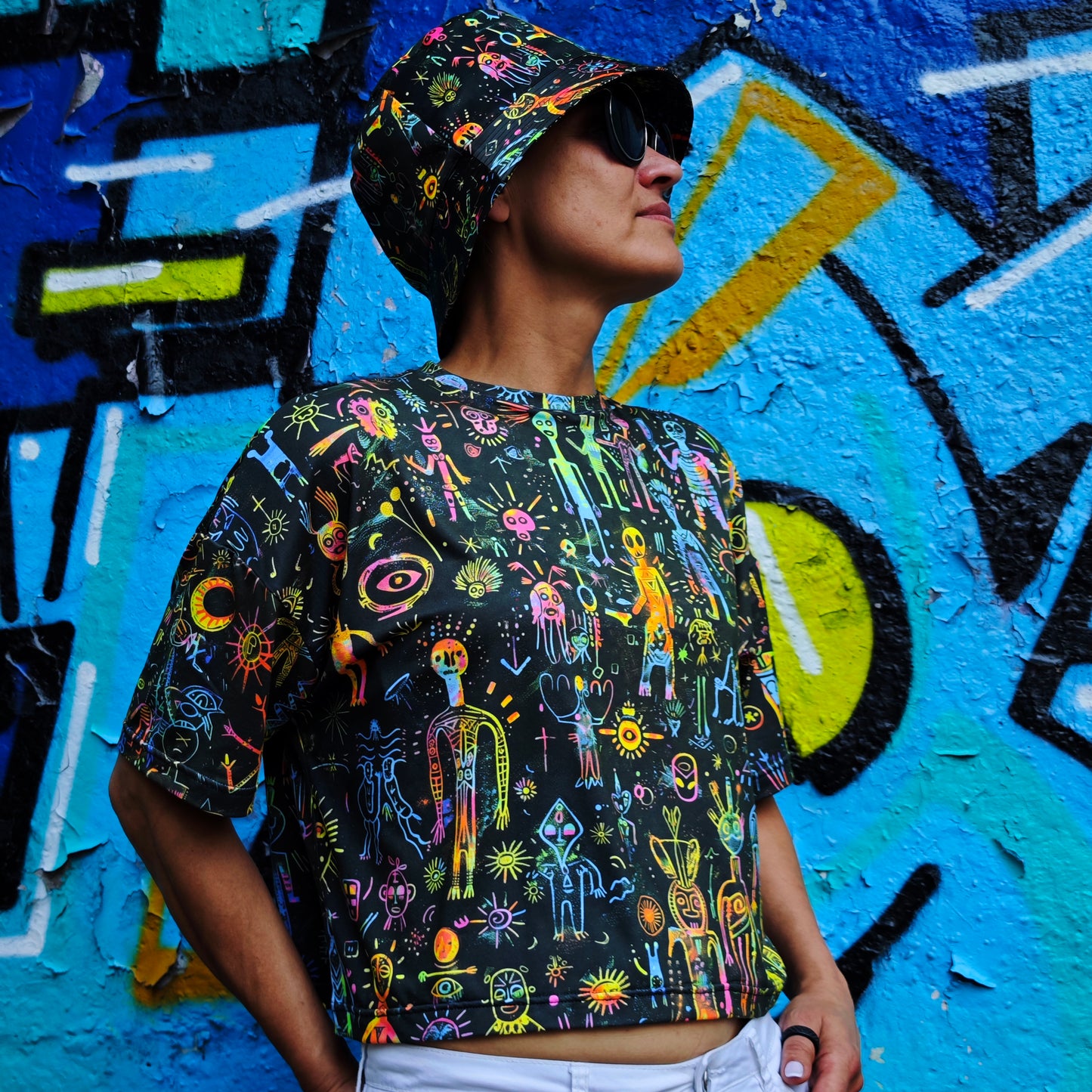 Shamanic Street Art UV Reactive Women's Cropped Oversized T-Shirt