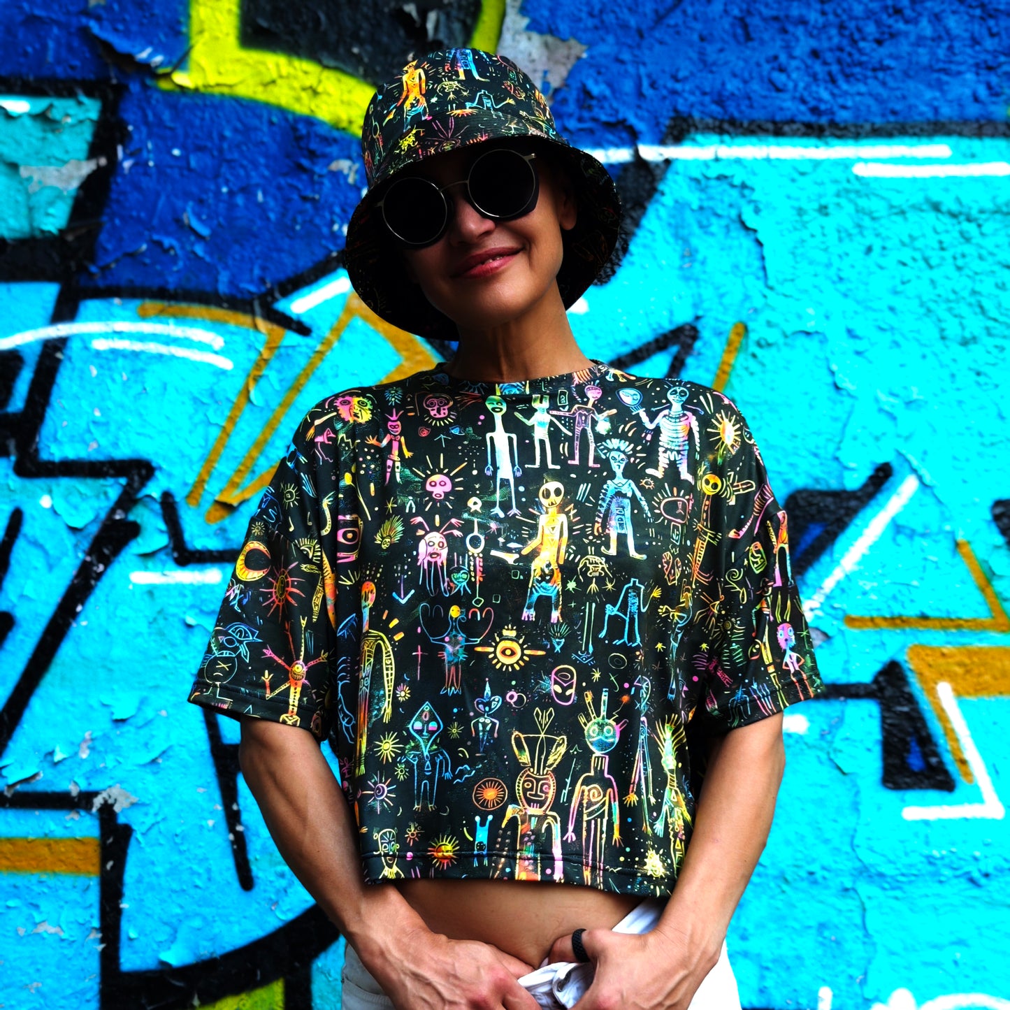 Shamanic Street Art UV Reactive Women's Cropped Oversized T-Shirt